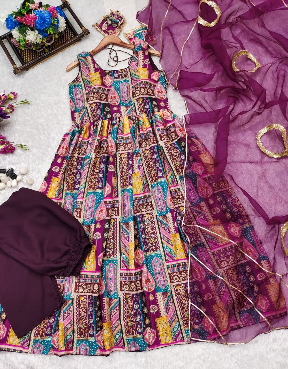 Purple Digital Printed Anarkali Gown With Organza Dupatta