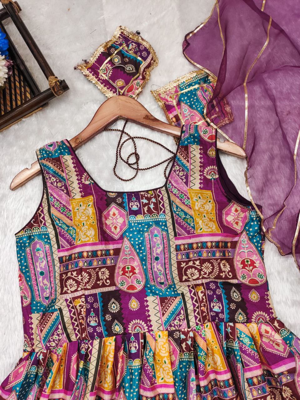 Purple Digital Printed Anarkali Gown With Organza Dupatta