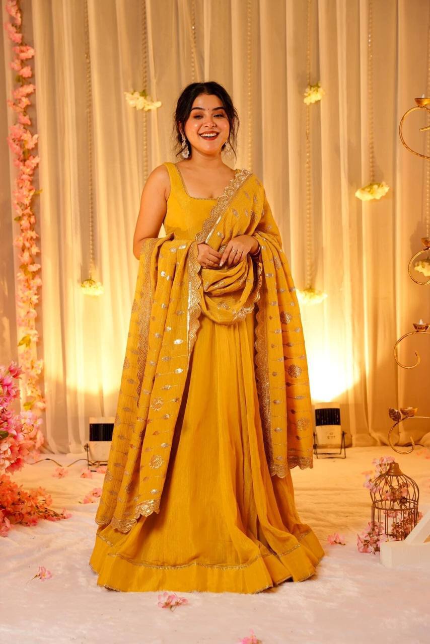 Yellow Embroidered Maxi Dress With Dupatta