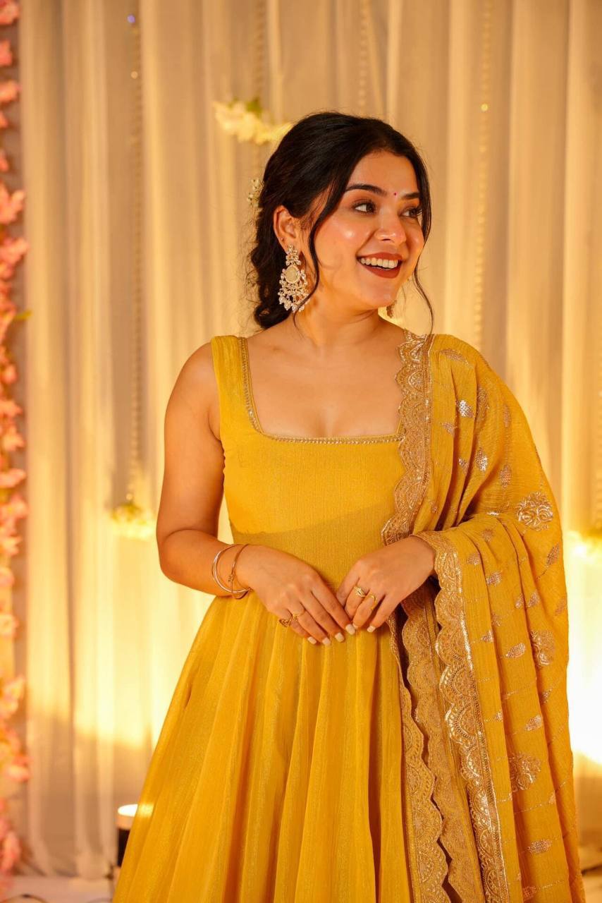 Yellow Embroidered Maxi Dress With Dupatta