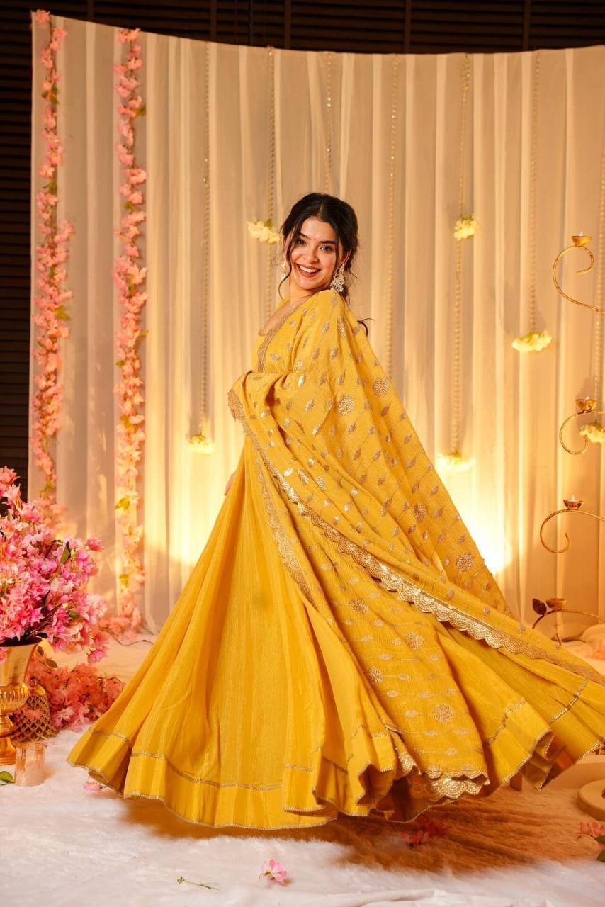 Yellow Embroidered Maxi Dress With Dupatta