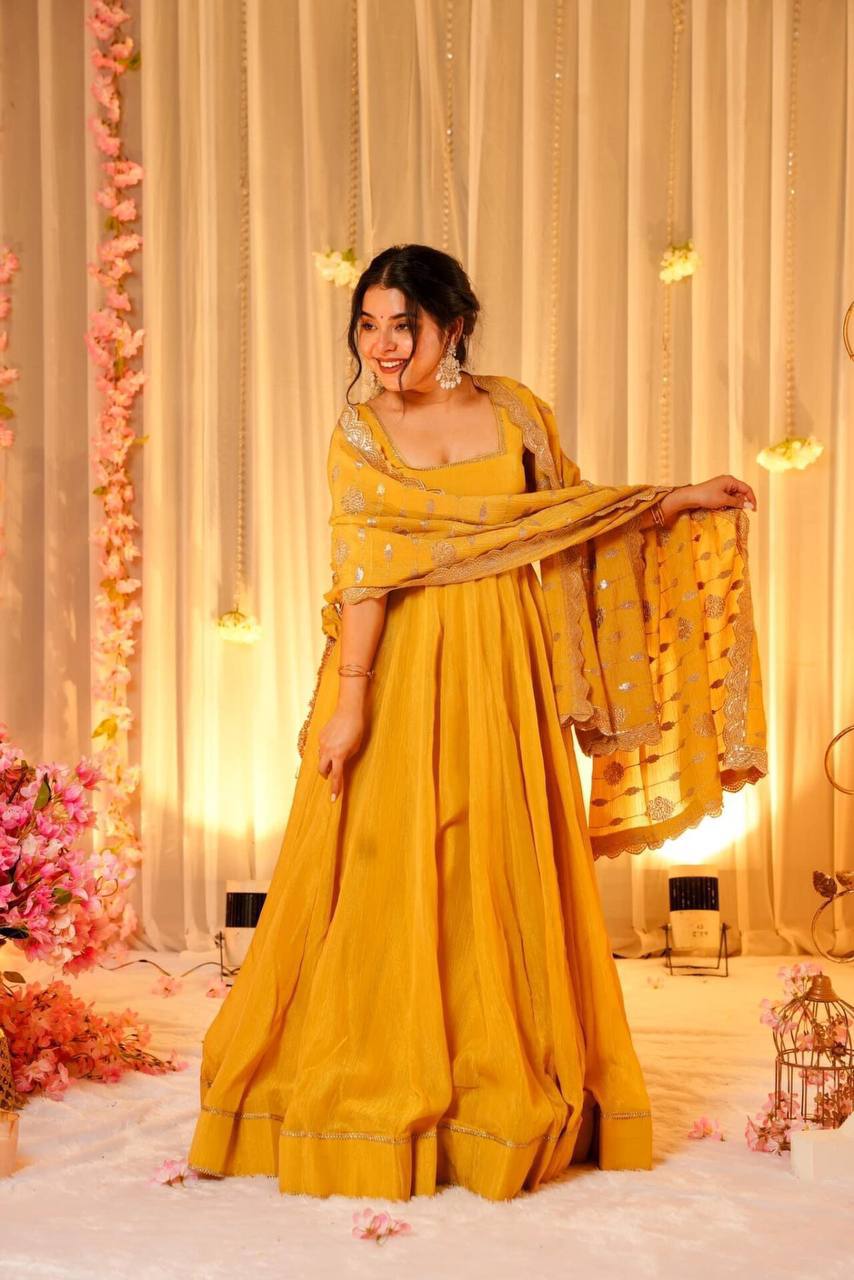 Yellow Embroidered Maxi Dress With Dupatta