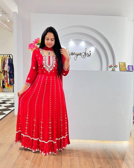 Red Indian Party Wear Gown In Chinon With Embroidery And Sequence