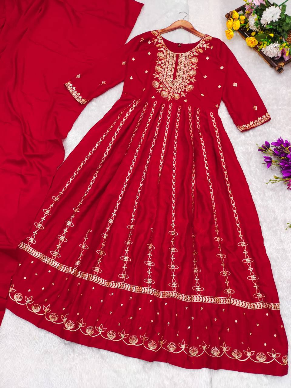 Red Indian Party Wear Gown In Chinon With Embroidery And Sequence