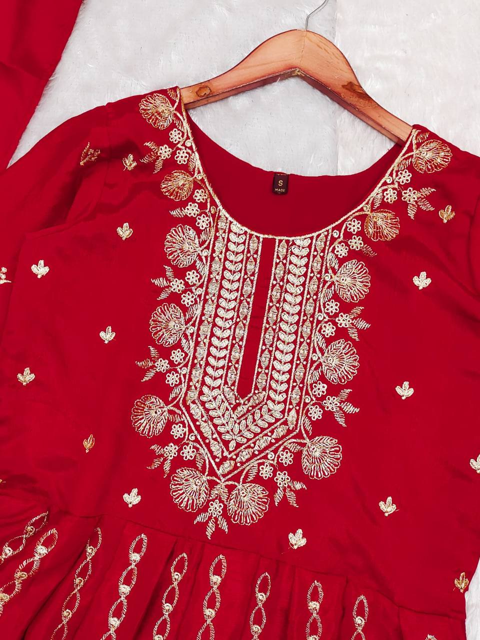 Red Indian Party Wear Gown In Chinon With Embroidery And Sequence