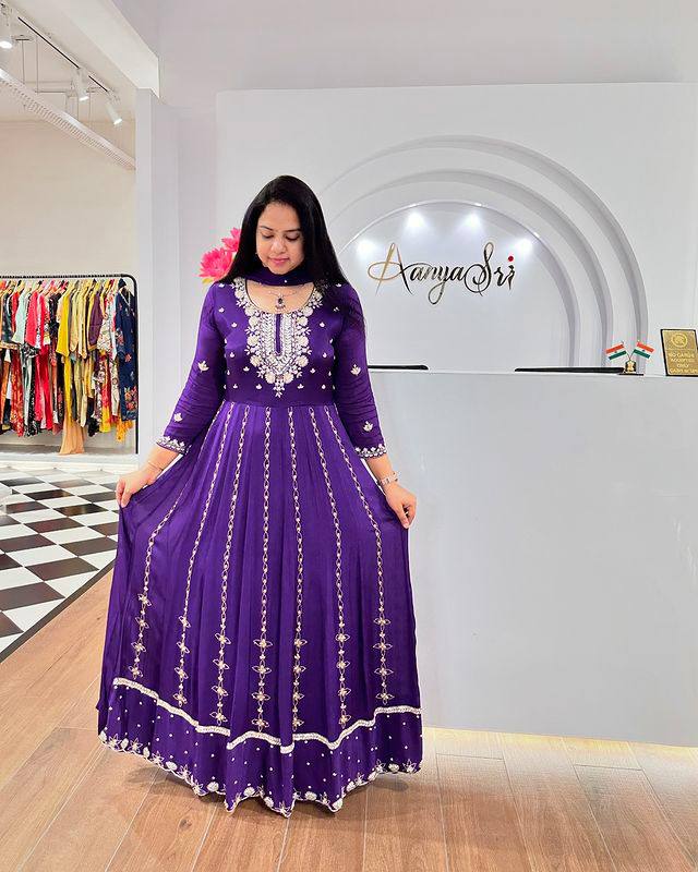 Purple Indian Party Wear Gown In Chinon With Embroidery And Sequence Work