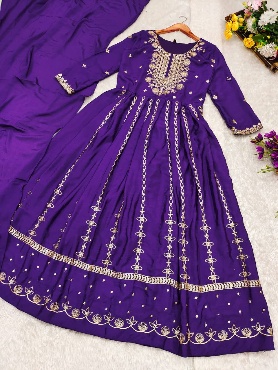 Purple Indian Party Wear Gown In Chinon With Embroidery And Sequence Work