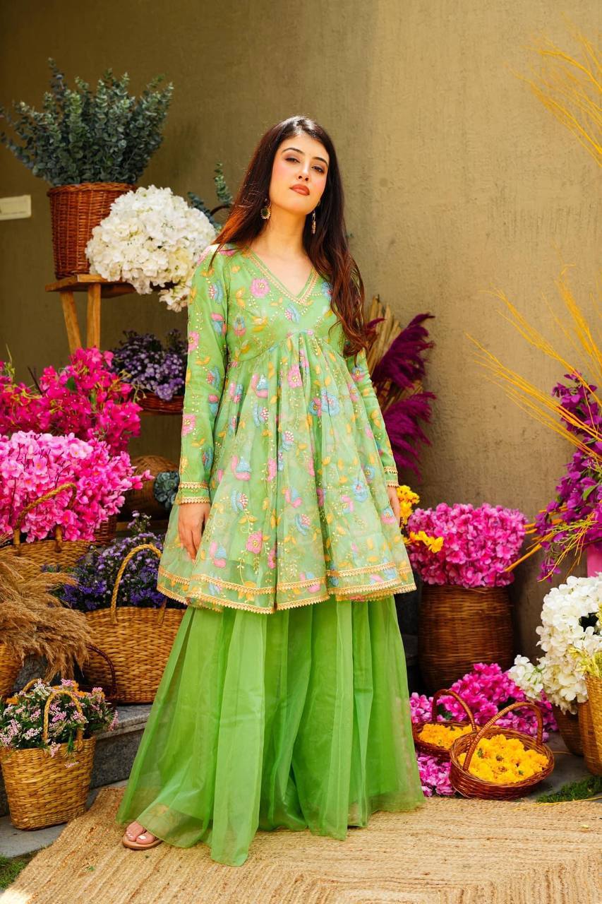 Green Embroidered Readymade Flared Style Sharara Suit - shree fashion