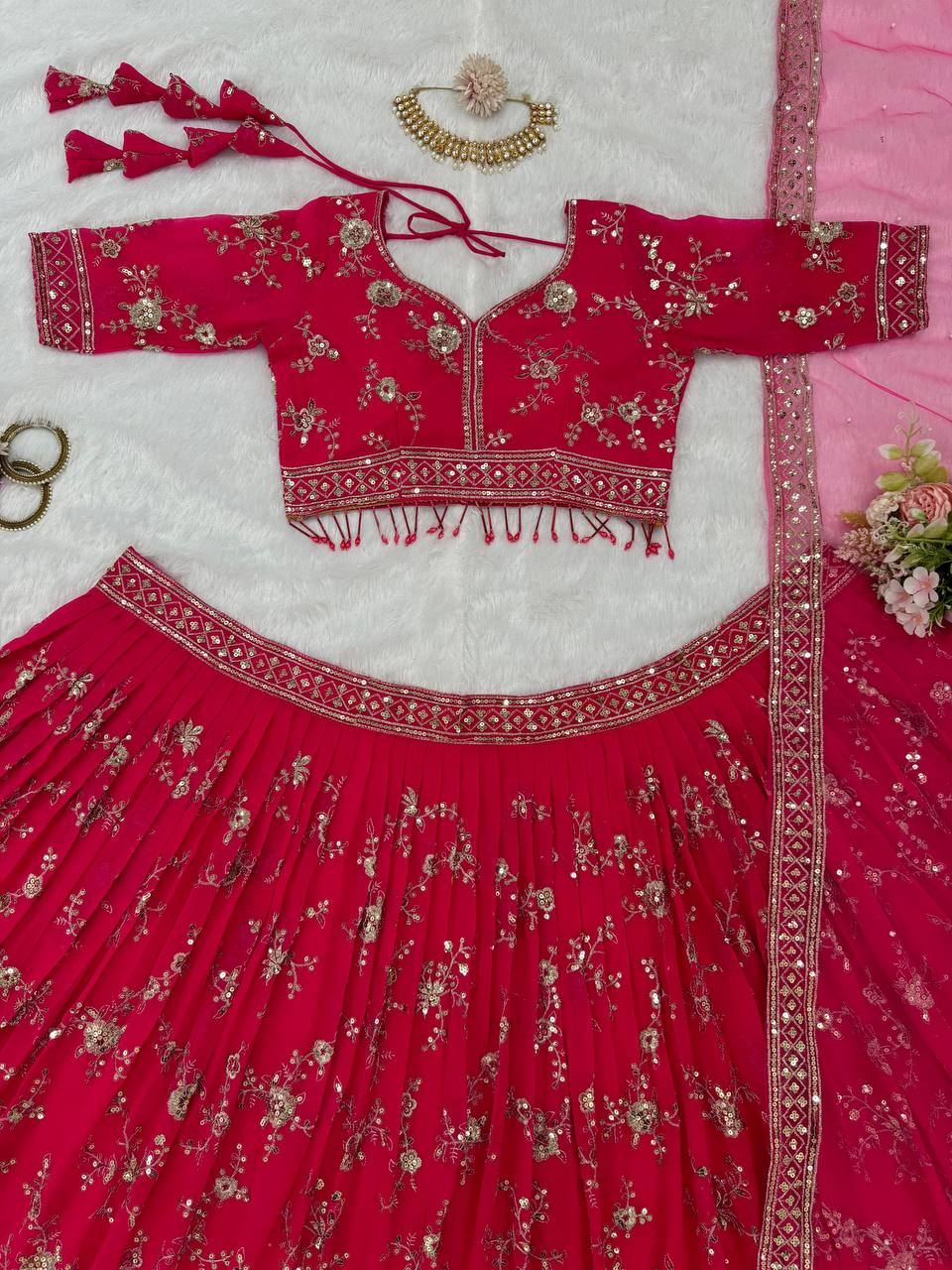 Rani Pink Color Sequence Embroidery Work Designer Lehenga Choli For Wedding Function