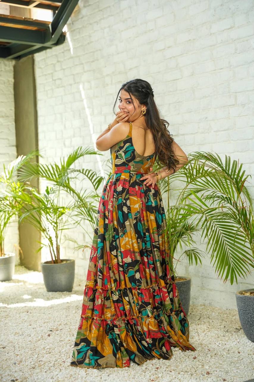 Women Multi color Printed Heavy Rayon Gown Dress