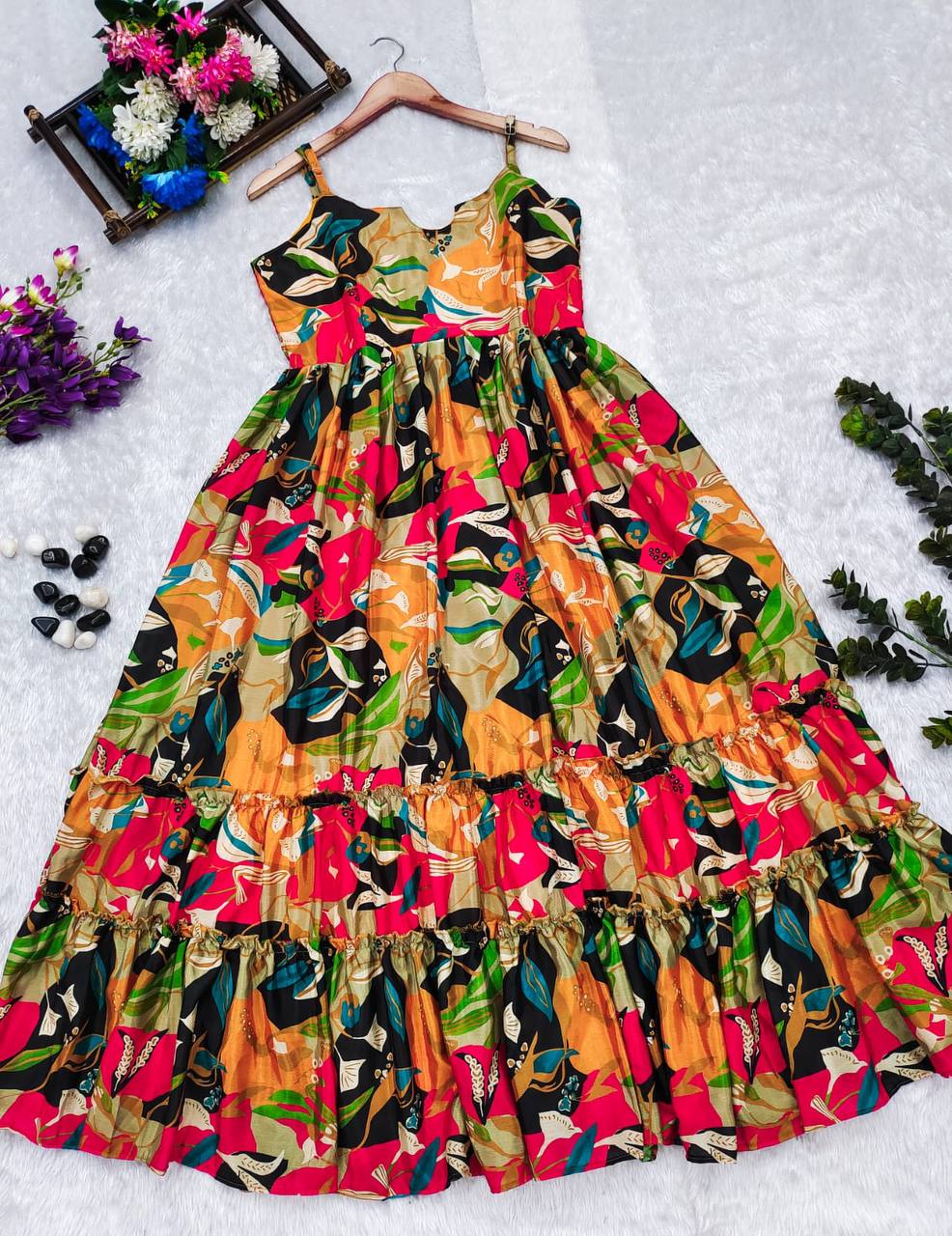 Women Multi color Printed Heavy Rayon Gown Dress