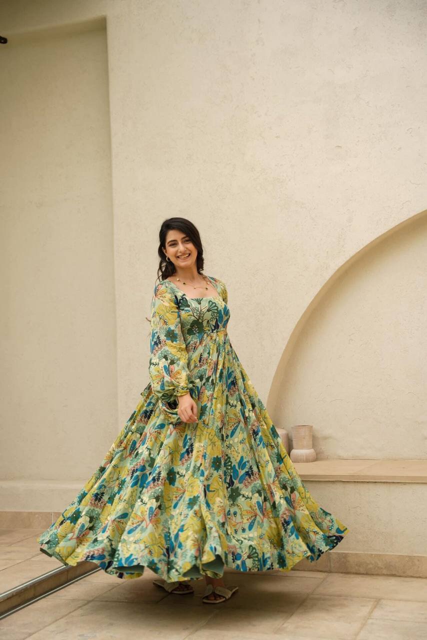 Digital Printed Anarkali Fully Flared Heavy Air Tex Chinon Gown For Casual Occasion