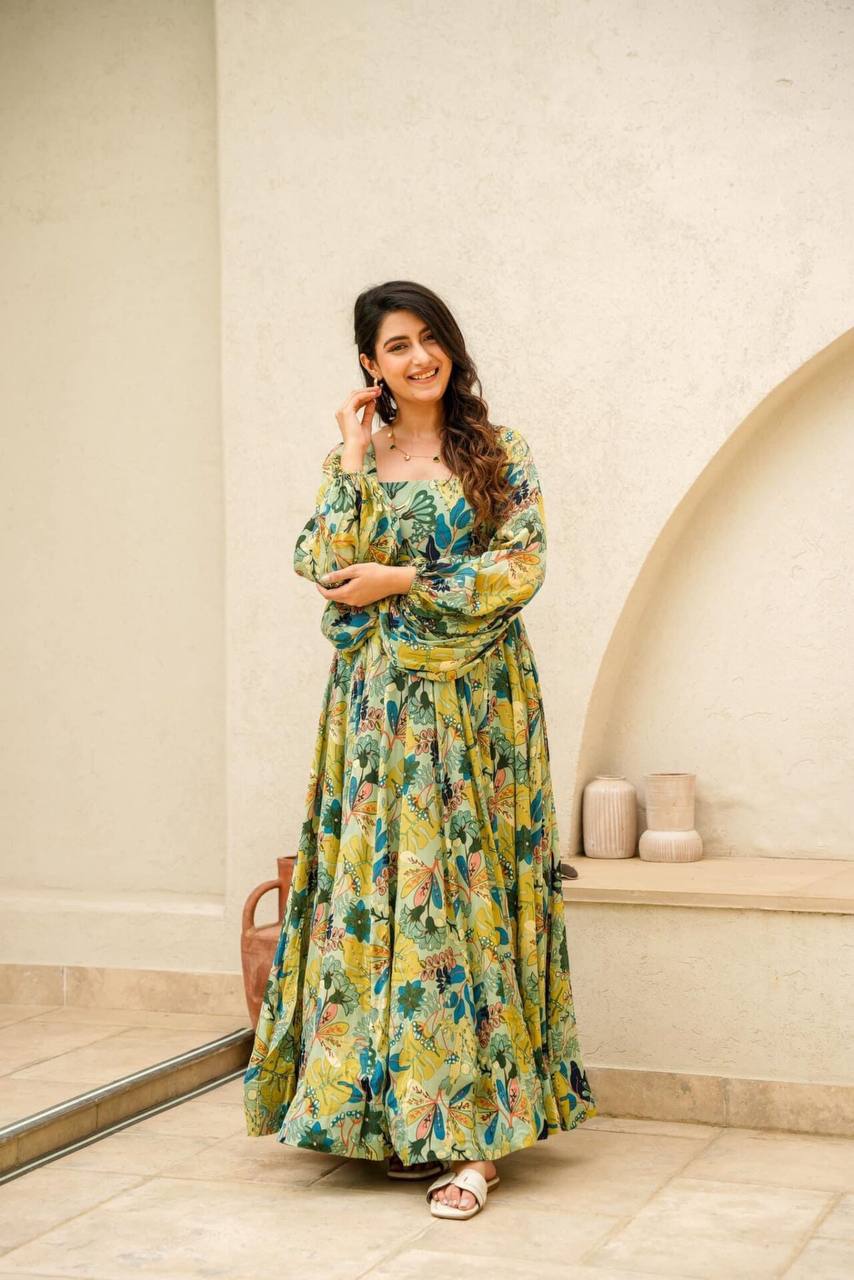 Digital Printed Anarkali Fully Flared Heavy Air Tex Chinon Gown For Casual Occasion