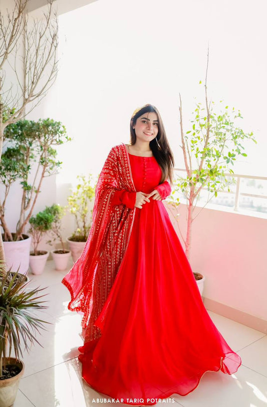 Red Georgette Plain Long Anarkali Suit With Heavy Sequence Work Dupatta