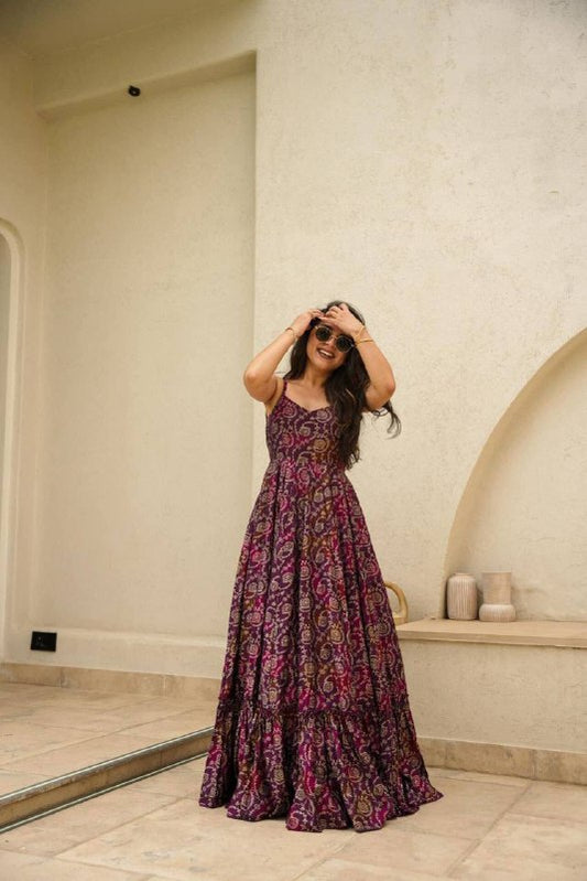 Women Purple Printed Heavy Rayon Gown Dress - Shree