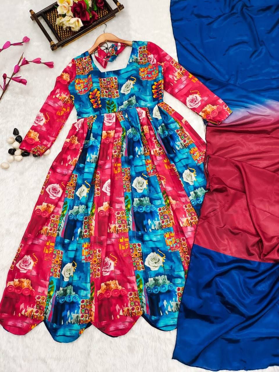 Muslin Digital Print Flair Work Kurta & Dupatta Set