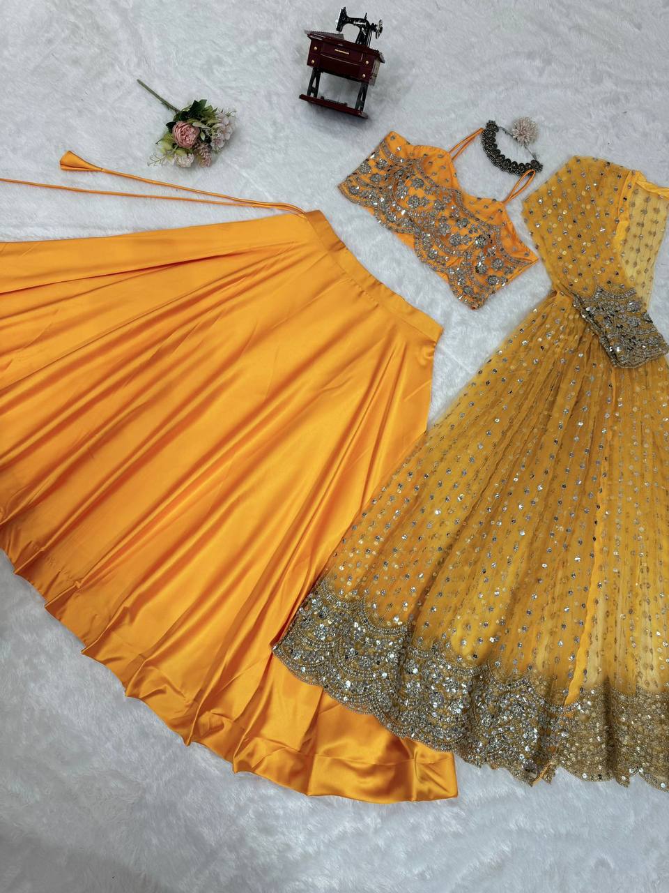 Wedding Wear Haldi Special Orange Color Lehenga Choli With Koti