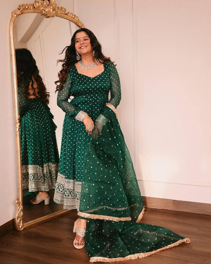 Embroidery Work Georgette Green Anarkali Suit