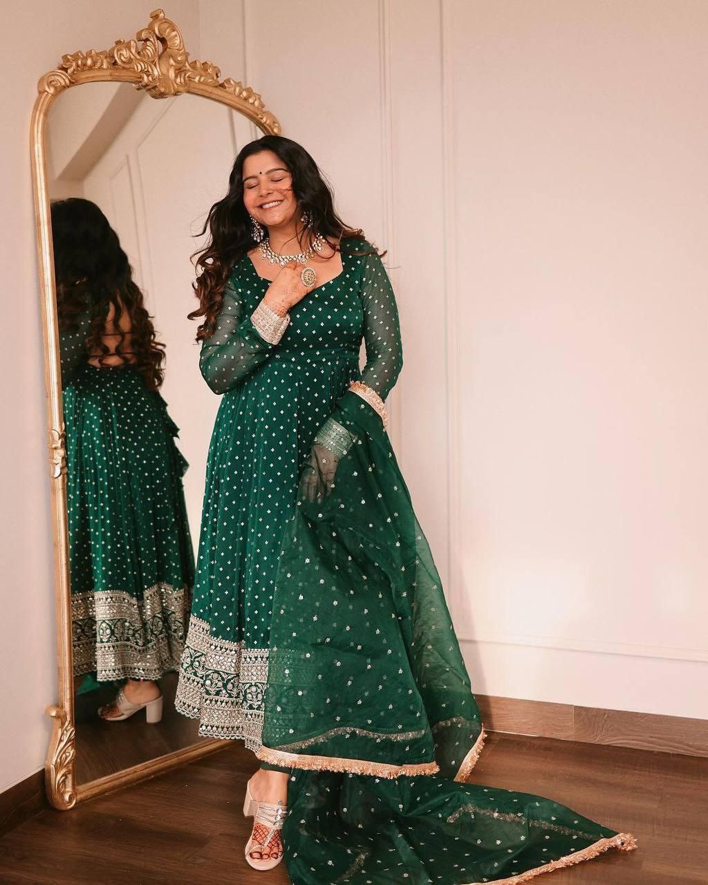 Embroidery Work Georgette Green Anarkali Suit