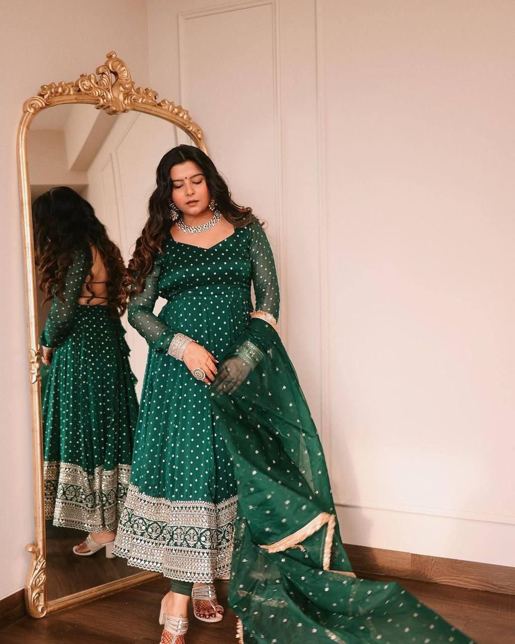 Embroidery Work Georgette Green Anarkali Suit