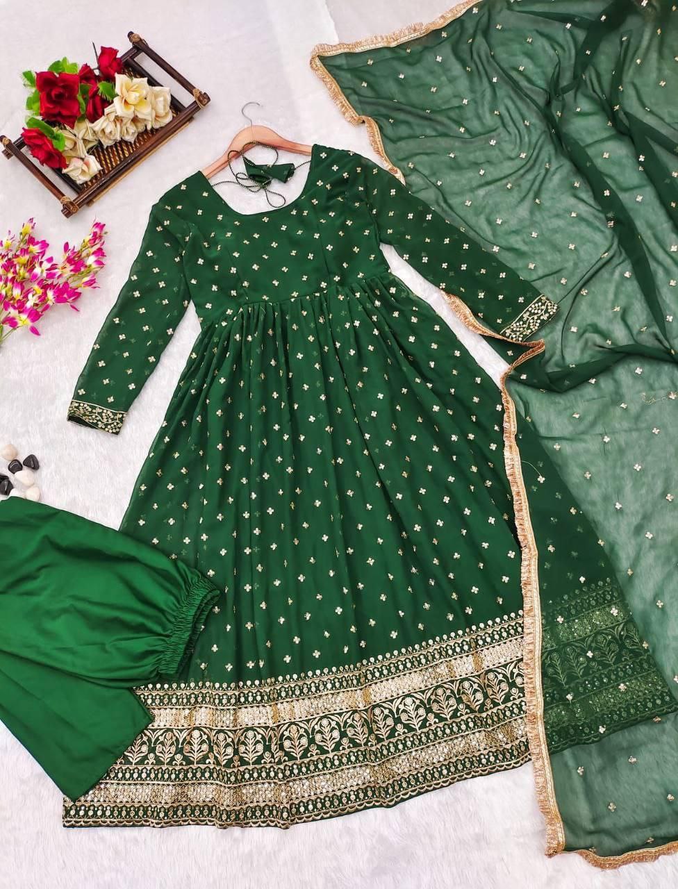 Embroidery Work Georgette Green Anarkali Suit