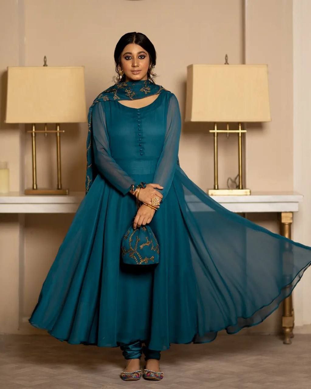 Deep Blue Flared Lined Anarkali Suit Set