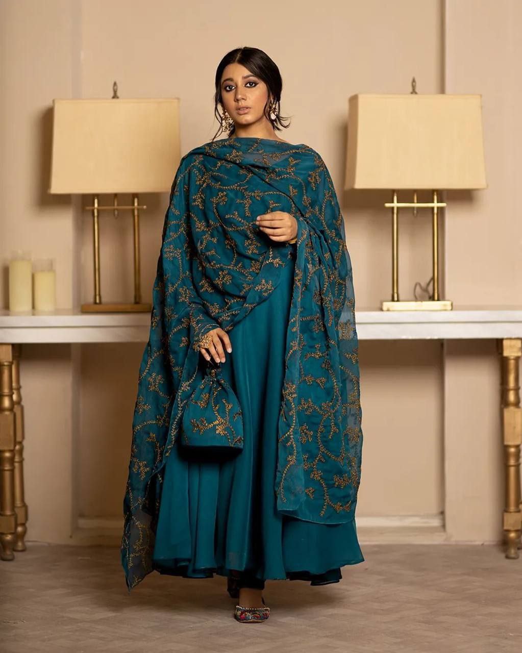 Deep Blue Flared Lined Anarkali Suit Set