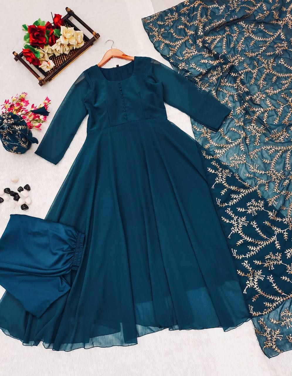 Deep Blue Flared Lined Anarkali Suit Set