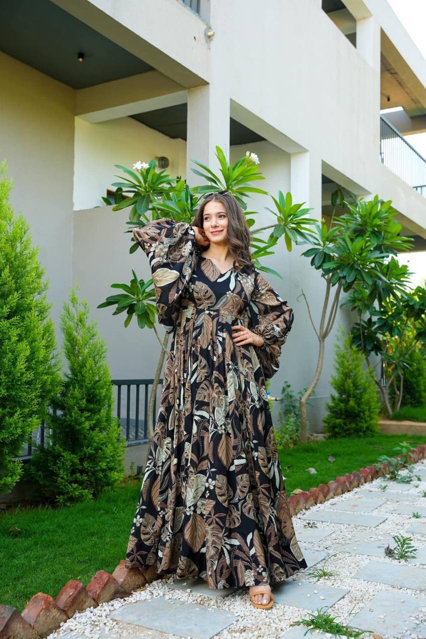 Buy Black Digital Printed Fully Flared Gown