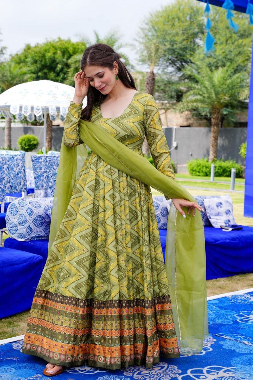 Green Printed Anarkali Gown With Dupatta