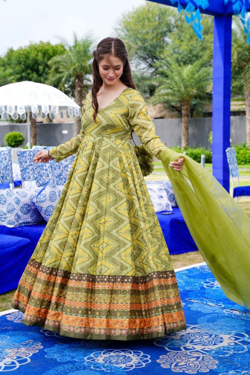 Green Printed Anarkali Gown With Dupatta