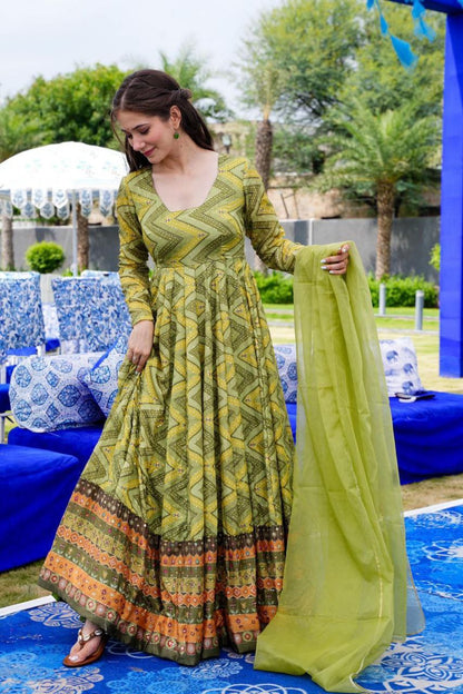 Green Printed Anarkali Gown With Dupatta