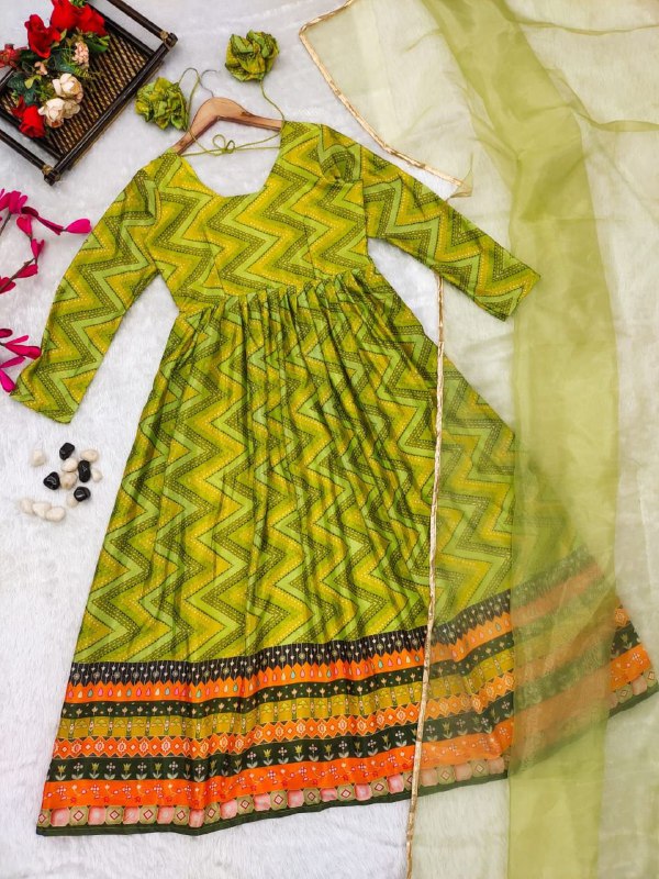 Green Printed Anarkali Gown With Dupatta