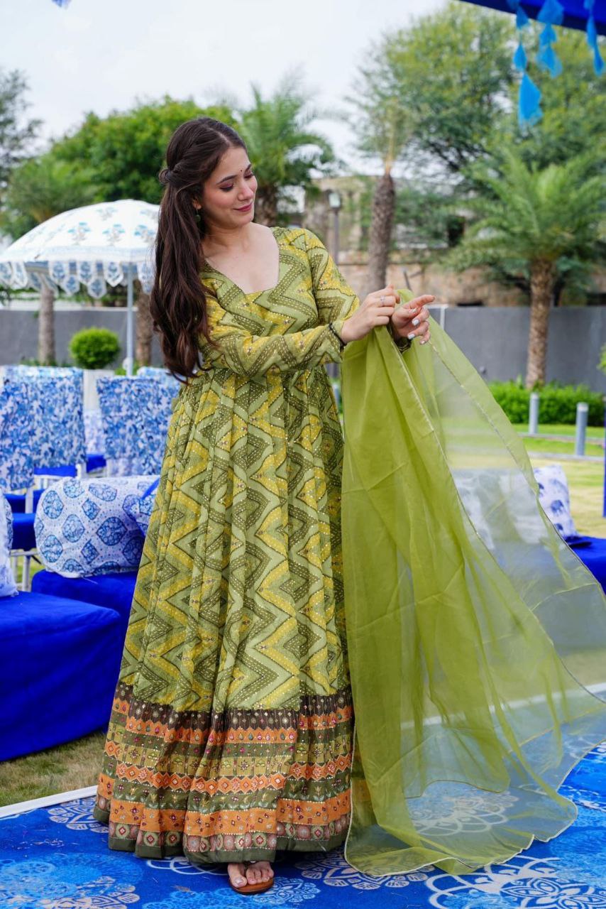 Green Printed Anarkali Gown With Dupatta