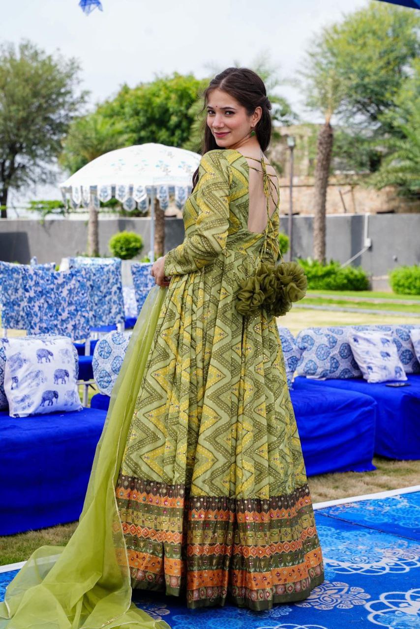 Green Printed Anarkali Gown With Dupatta