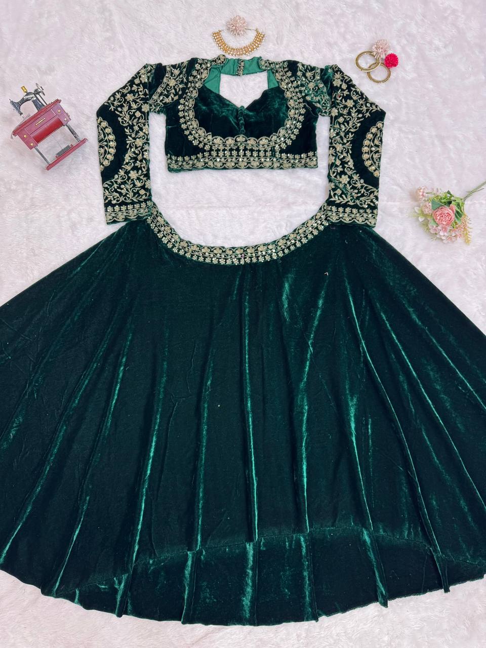 Emerald Premium Viscous Velvet Lehenga Set - shree fashion