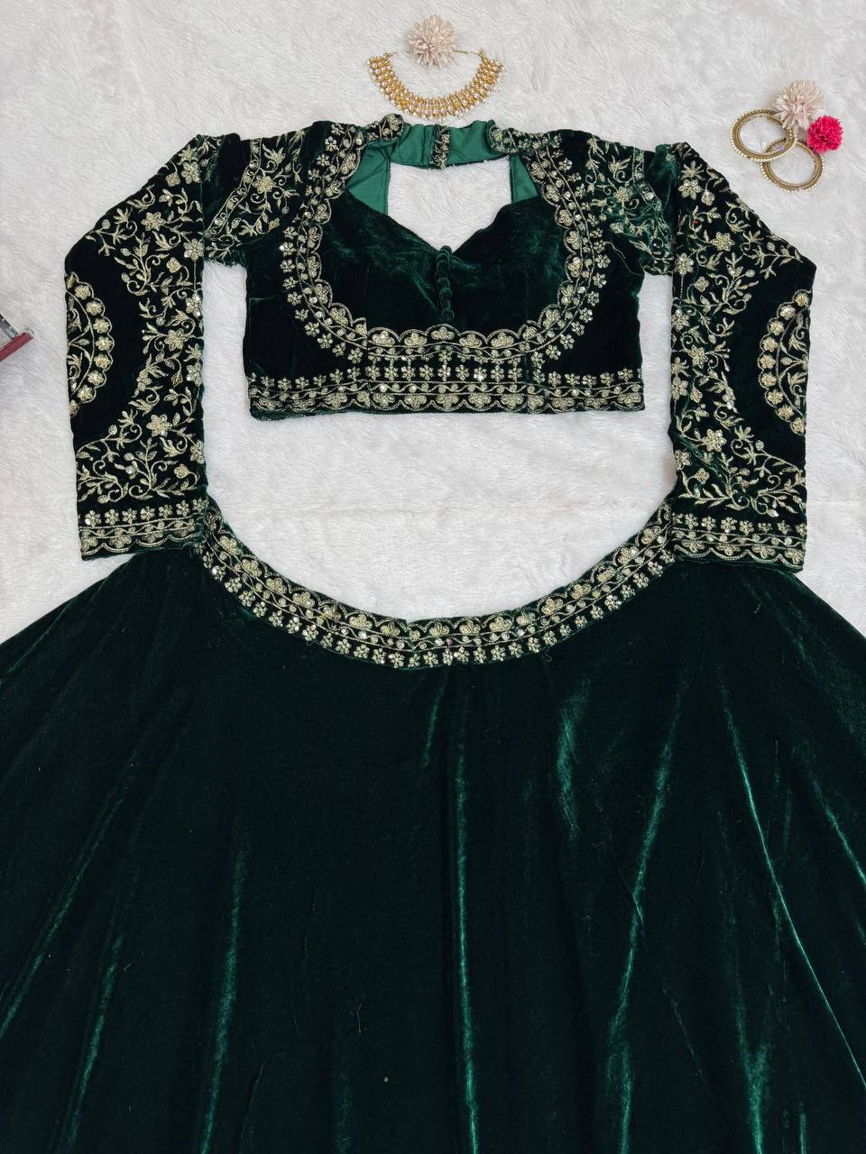 Emerald Premium Viscous Velvet Lehenga Set - shree fashion