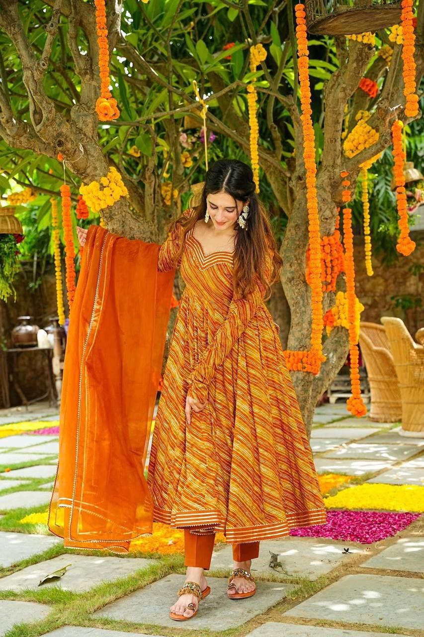 Mustard Hues Leheriya Suit Set - Shree Fashion