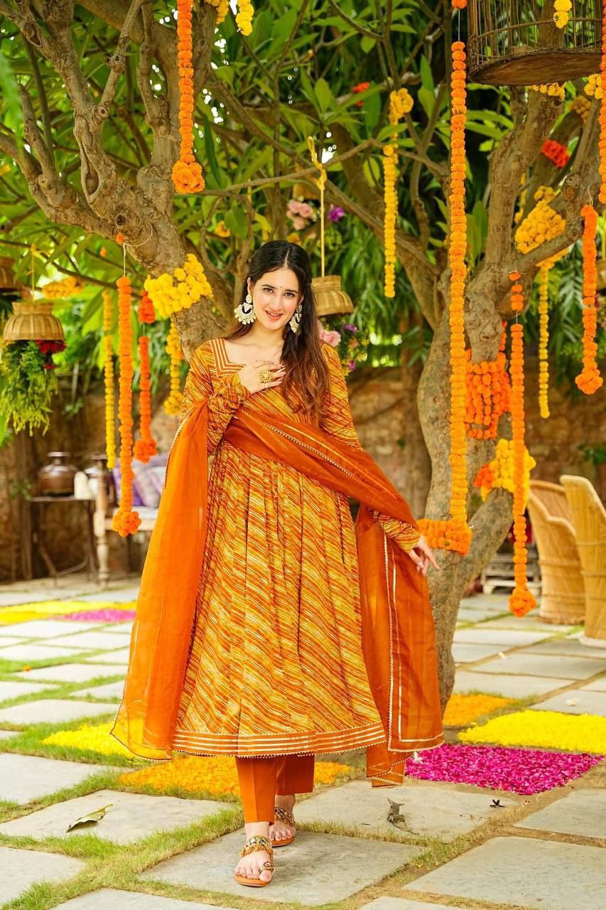 Mustard Hues Leheriya Suit Set - Shree Fashion