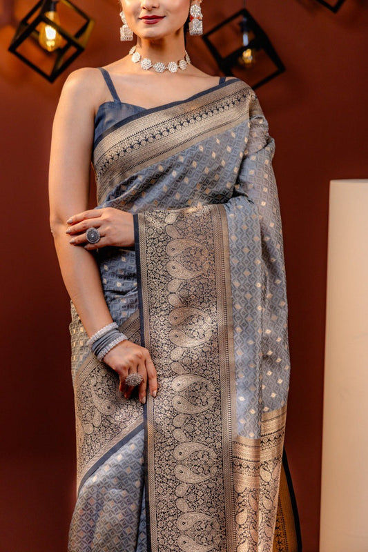 Dissemble Grey Soft Silk Saree With Adoring Blouse Piece