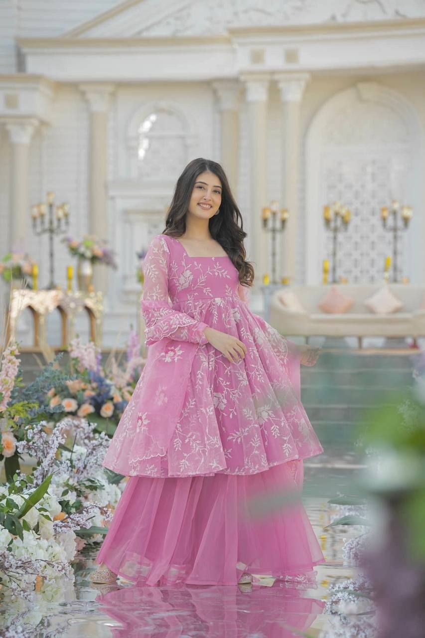 Parvati Pink Organza Palazzo Suit Set