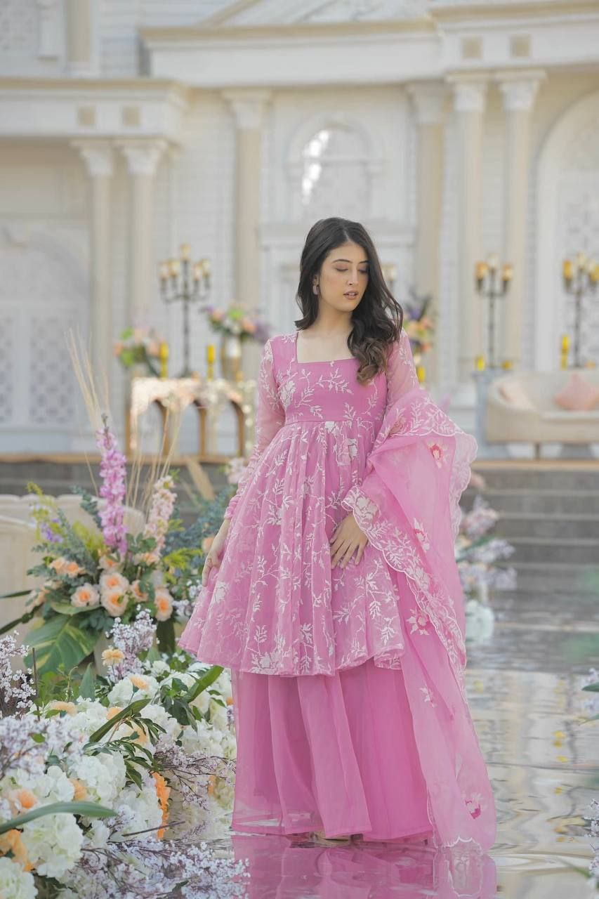 Parvati Pink Organza Palazzo Suit Set