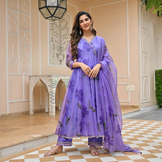 Lavender Floral Anarkali Suit With Embellished Dupatta