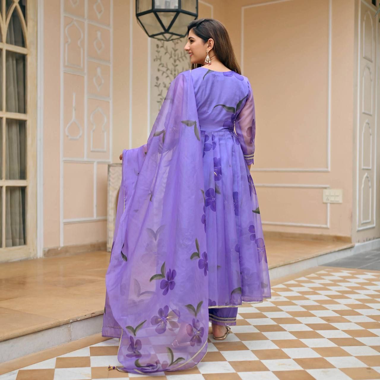 Lavender Floral Anarkali Suit With Embellished Dupatta