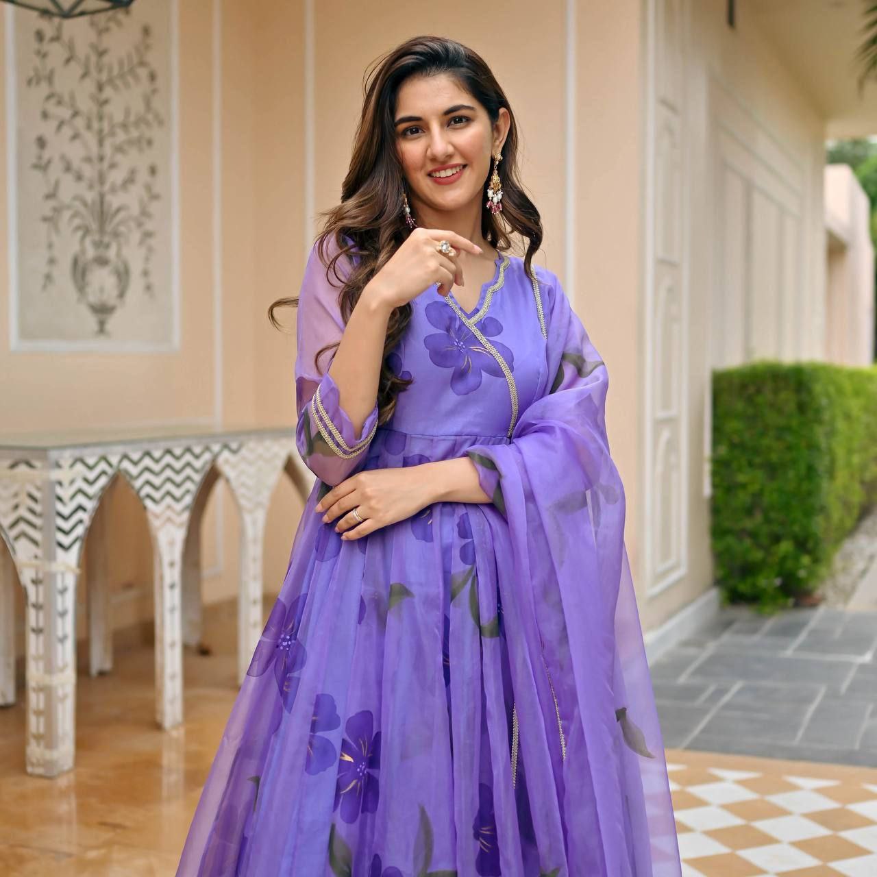 Lavender Floral Anarkali Suit With Embellished Dupatta