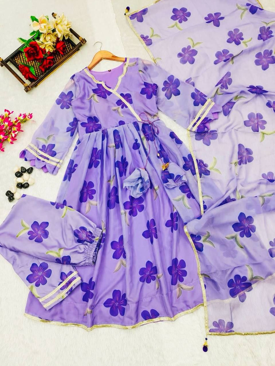 Lavender Floral Anarkali Suit With Embellished Dupatta