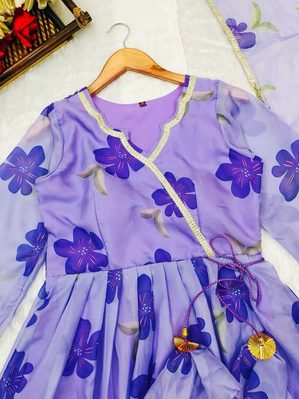 Lavender Floral Anarkali Suit With Embellished Dupatta