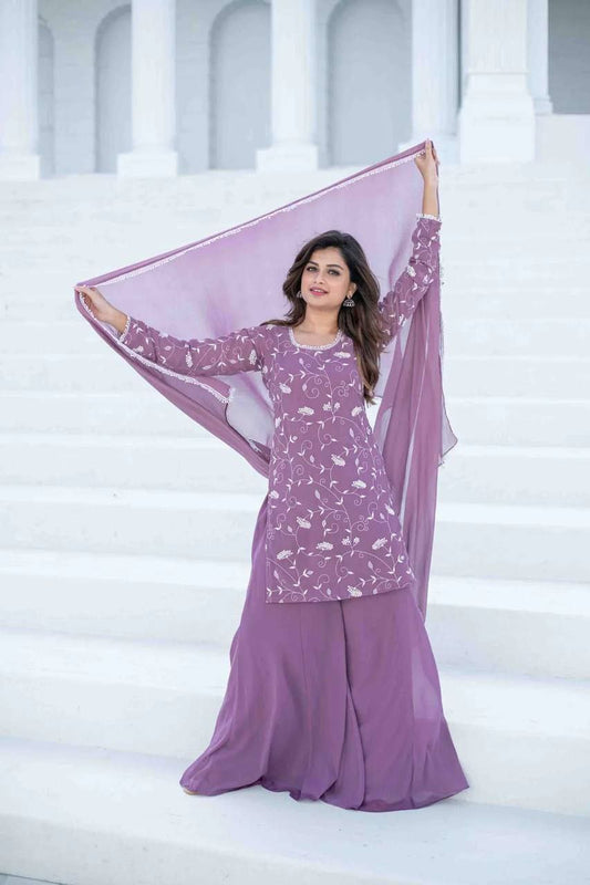 Lilac Thread Work Georgette Kurta Set