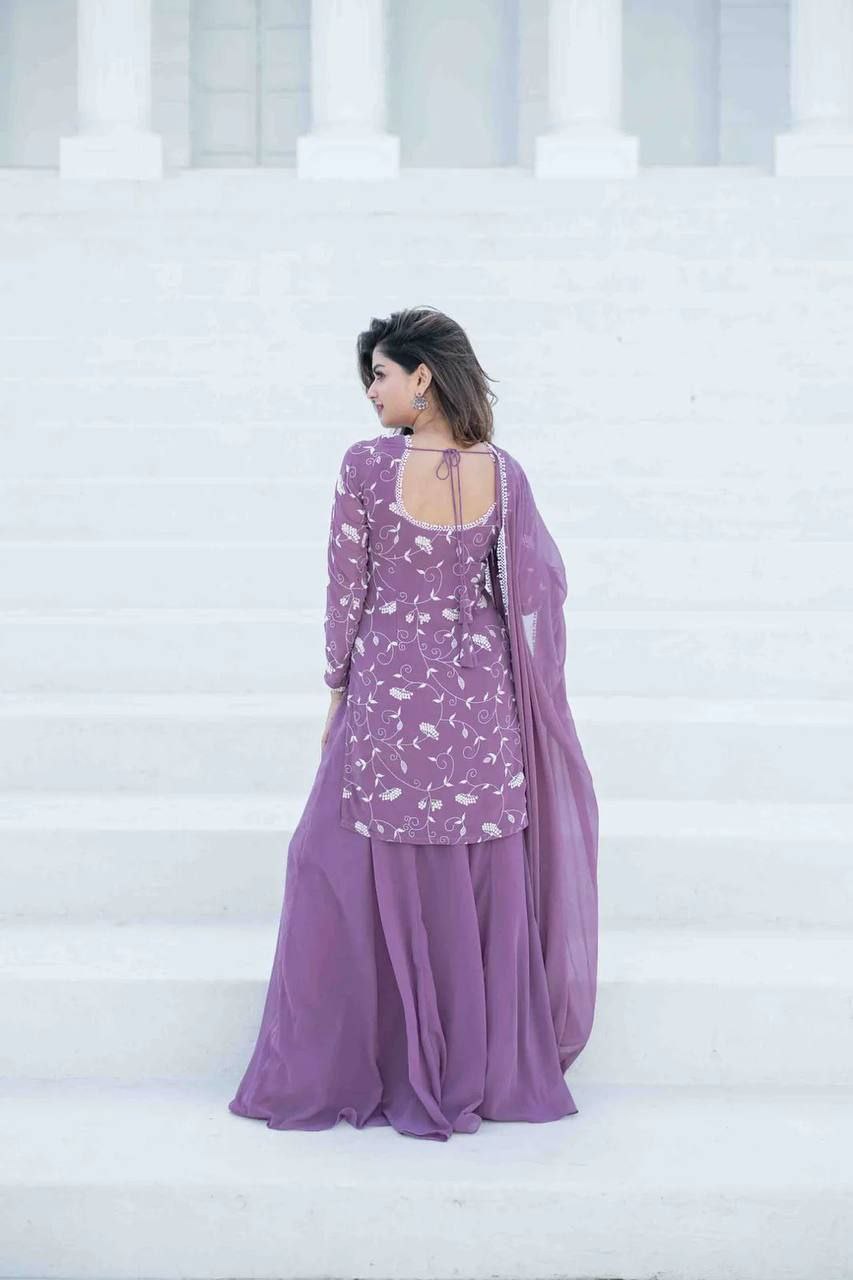 Lilac Thread Work Georgette Kurta Set