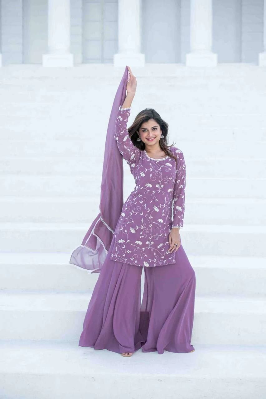 Lilac Thread Work Georgette Kurta Set